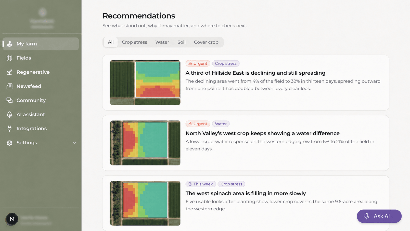 Anonymized AI recommendations interface for farmers